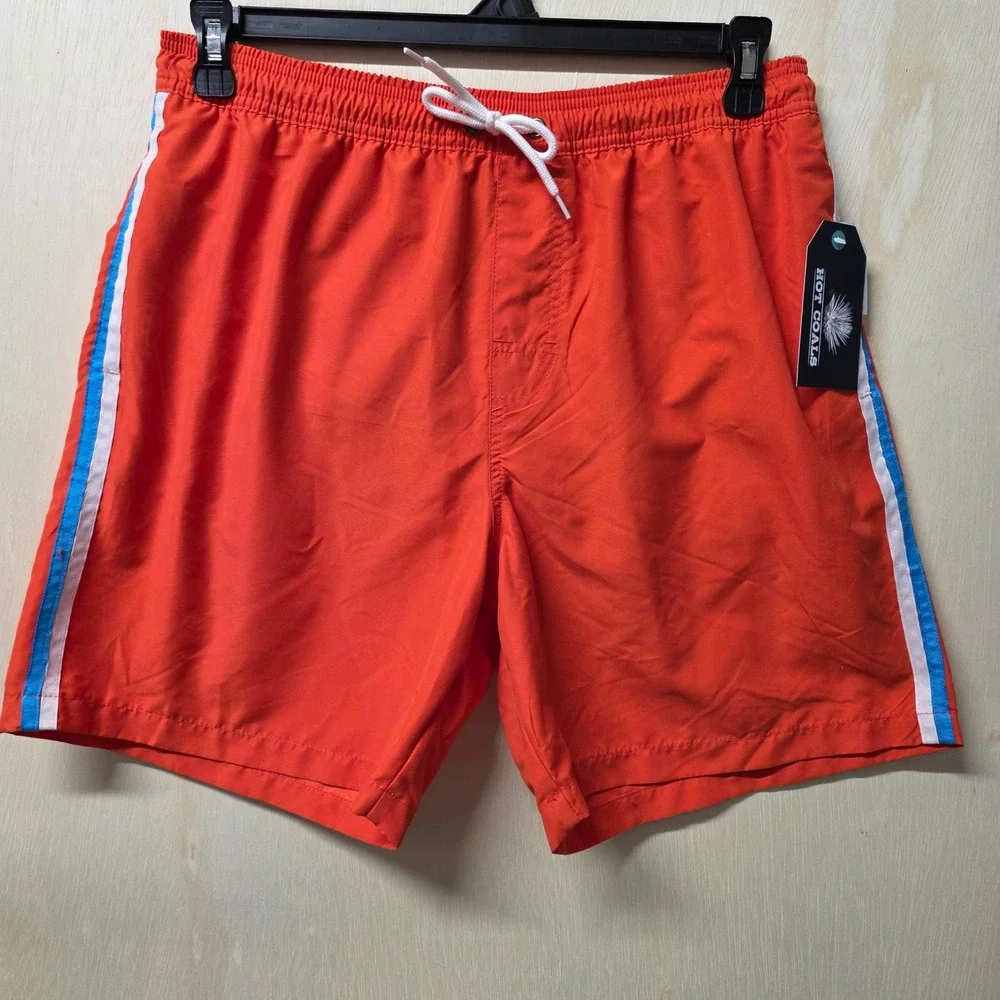 Hot Coals‎ Mens Orange Swim Trunks Quick Dry UPF 50+ Side Stripe Mesh Lining M